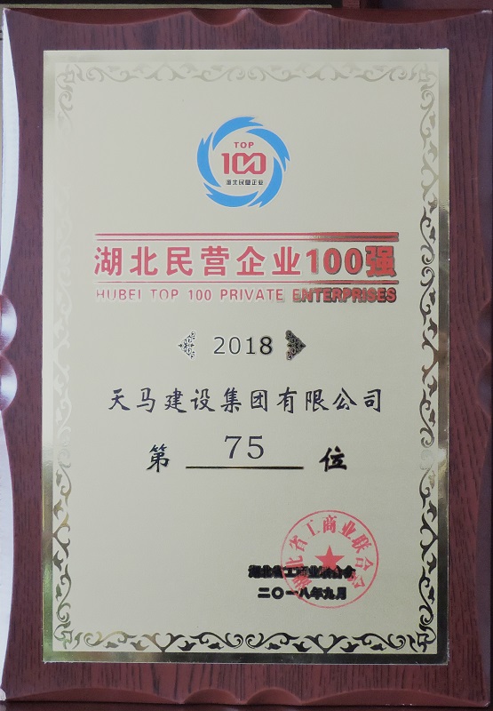天馬建設(shè)集團(tuán)榮獲“2018湖北民營企業(yè)100強”榮譽稱號